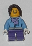 LEGO hol026 Medium Blue Jacket with Light Purple Scarf, Dark Purple Short Legs, Dark Brown Hair Ponytail Long with Side Bangs